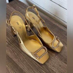 Zara Metallic Gold Slingback Block Heels with Crystal-Embellished Buckle